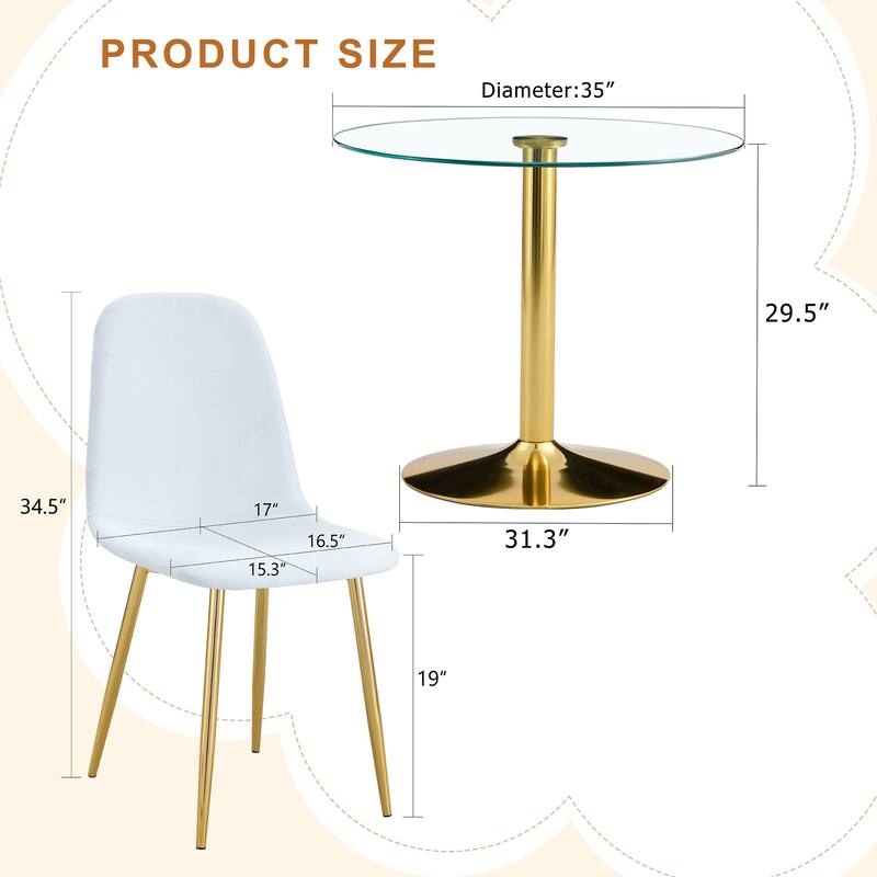 5-Piece Round Dining Table Set, 35 Inch Tempered Glass Top with Metal Base & 4 High-Resilience Fabric Chairs
