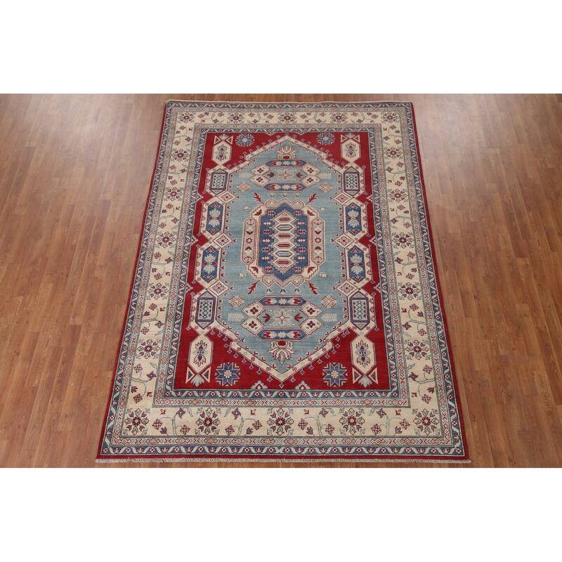 Hand Knotted Oriental 100% Wool Carpet Traditional Geometric Navy Blue & Blues Kazak Area Rug - 9' 6'' X 6' 8''