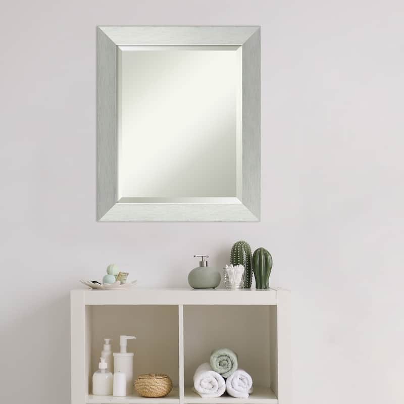 Beveled Wood Bathroom Wall Mirror - Brushed Sterling Silver Frame