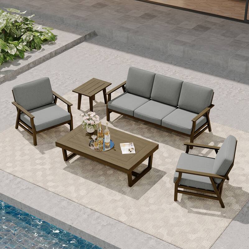 Modern Wood Cushioned Outdoor Patio Sofa Loveseat with Coffee Table