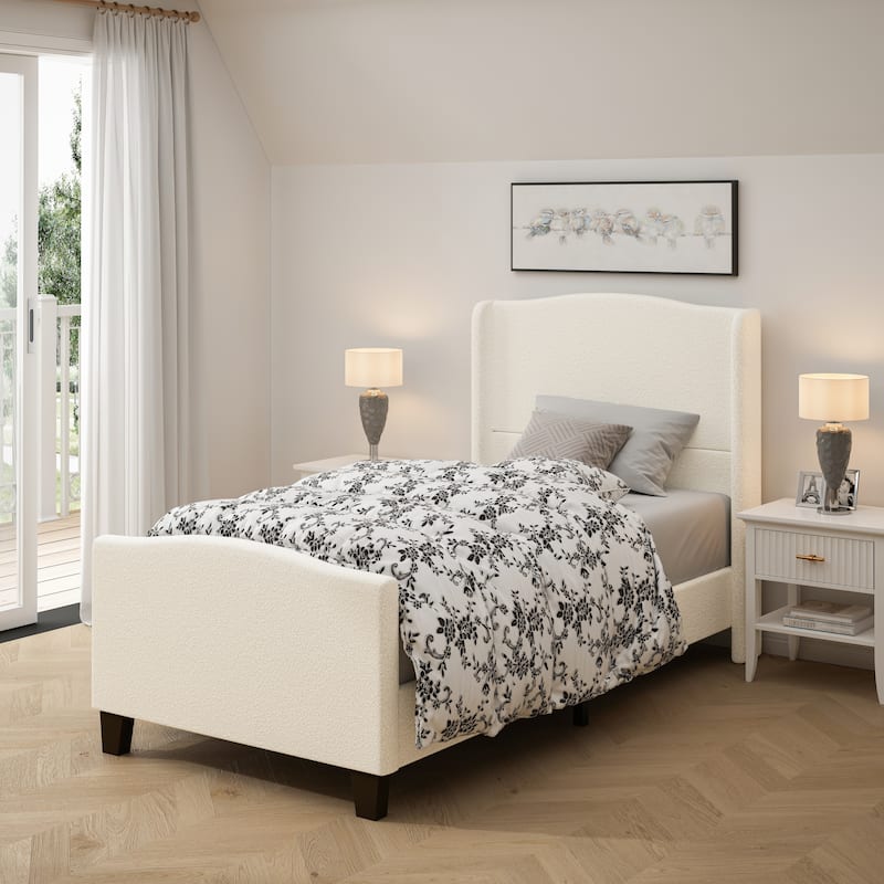 GDFStudio - Jane 49.21" High Back Upholstered Headboard Bed Frame with High Footboard - Ivory White - Twin