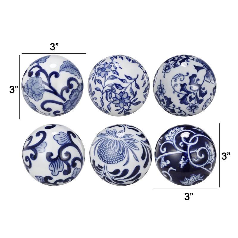 4 Inch Decorative Ball Set of 6 Orbs, Blue And White Printed Porcelain