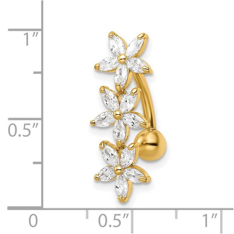 Curata 14k Yellow Gold Marquise CZ Simulated Diamond 3 Flowers Dangle Belly Ring