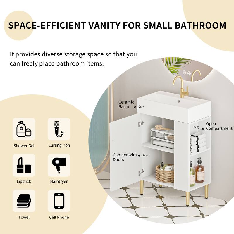 Open-shelving Bathroom Vanity with Ceramic Sink and Soft-Closing Door, Cloakroom Open Shelf Storage Cabinet on the Left Side