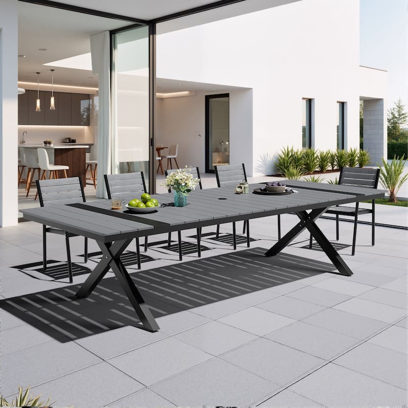 Outdoor Patio Aluminum Dining Rectangular Table with Umbrella Hole - Grey -118.11 inches long