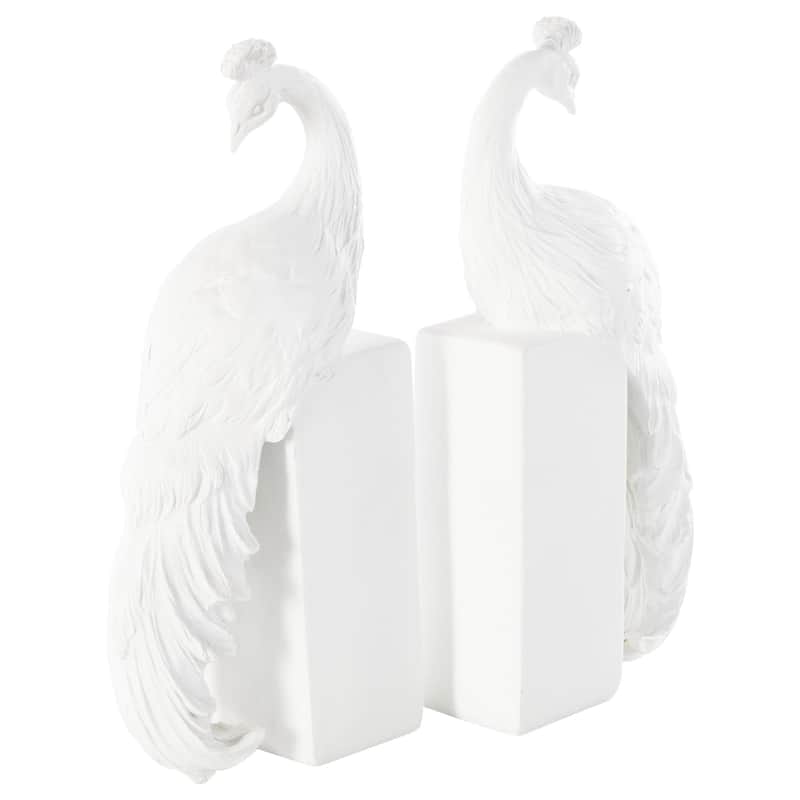 Resin Peacock Textured Decorative Bookends with Tall Block Bases - Set of 2 White - Roche River Decor