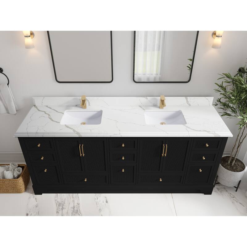 Willow Collections 84 in. W x 22 in. D Alys Double Bowl Sink Bathroom Vanity with Countertop - 1.5"Calacatta - Black
