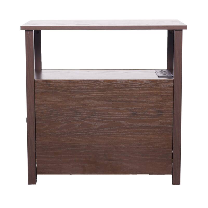 Brown Wood Farmhouse End Table with Drawers and Charging Station - 23.98” L x 14.02” W x 24.02” H