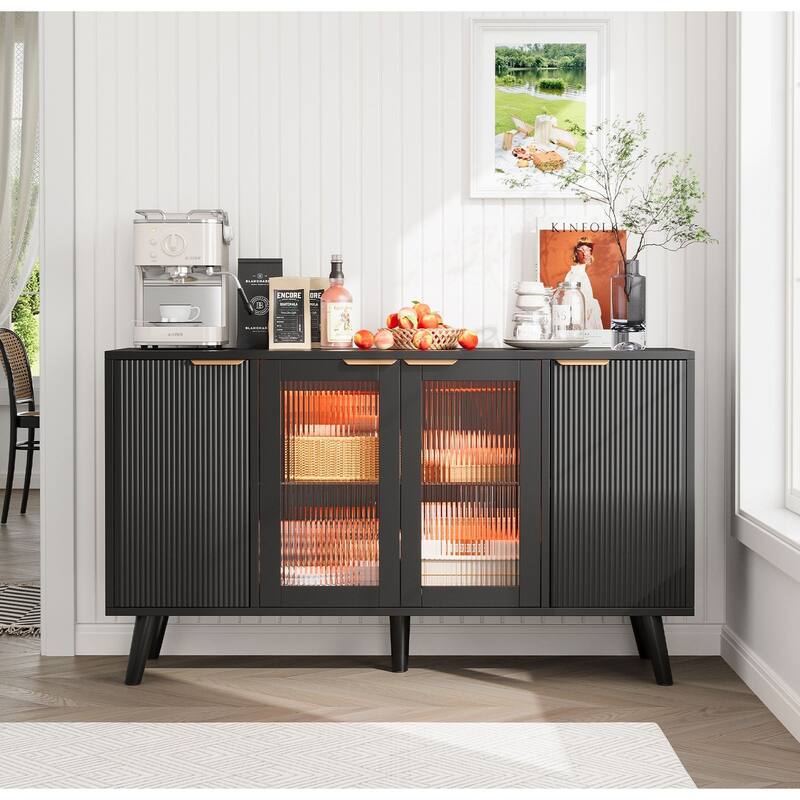 Fluted LED Sideboard Buffet Cabinet with Glass Doors, Modern Credenza Storage for Living Room, Kitchen & Entryway