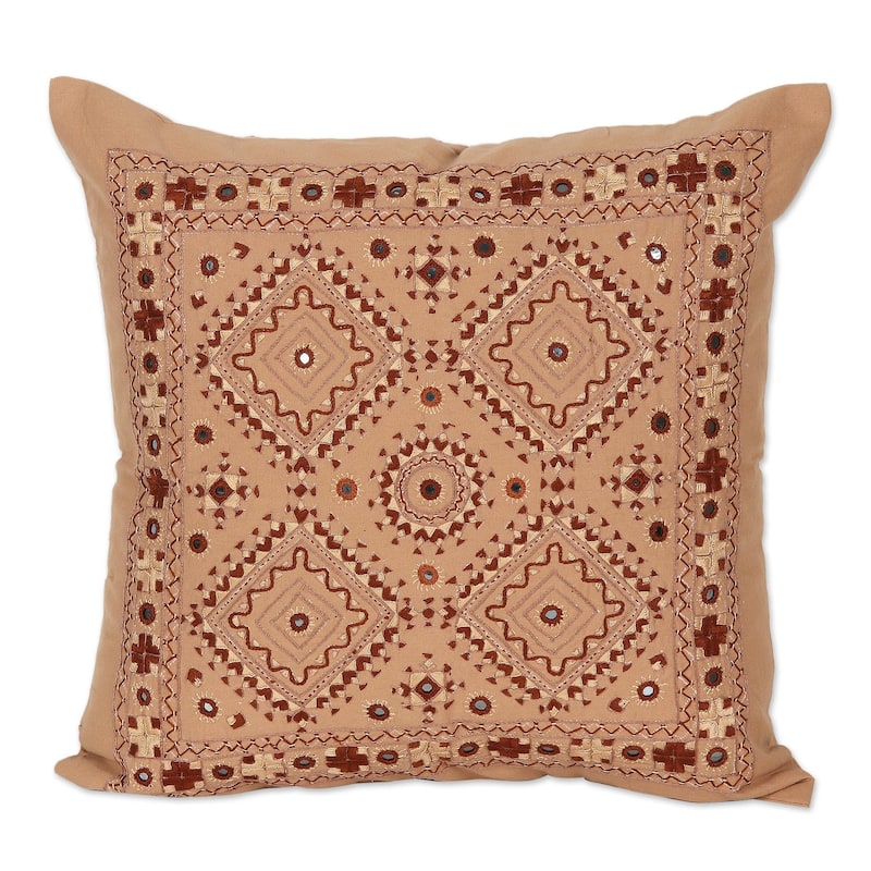 Novica Handmade Geometric Delight Embroidered Cotton Cushion Cover - Pillow Covers - Cover Only - Brown - Single