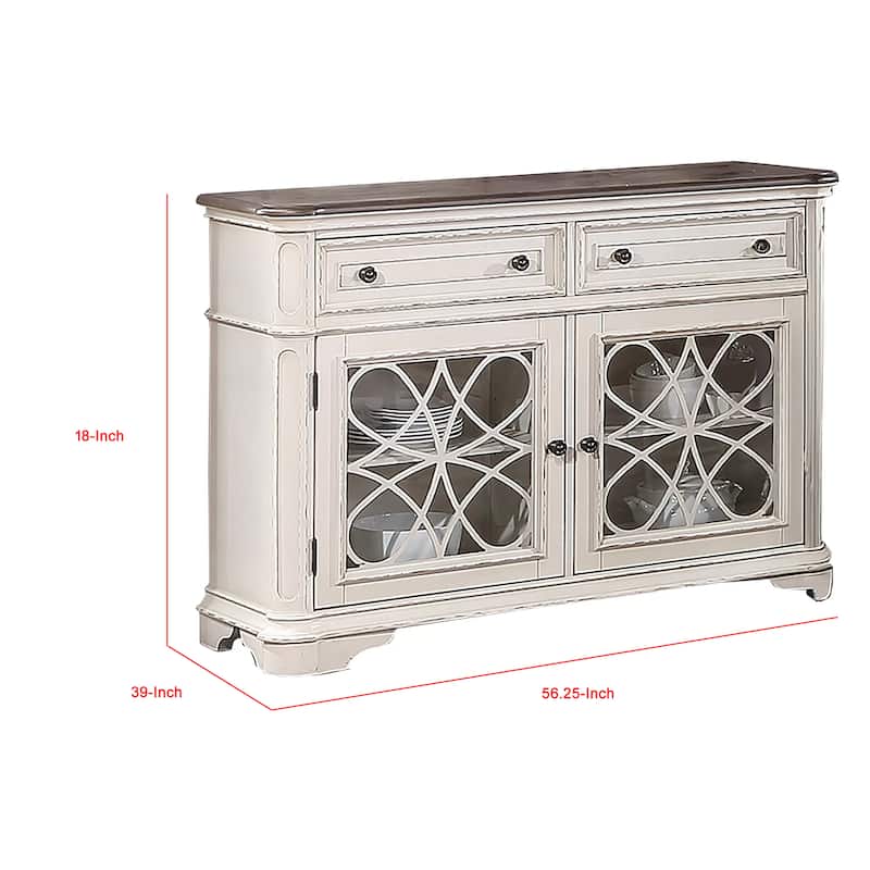 Wooden Transitional 2 Drawer and 4 shelves Server, Brown and White