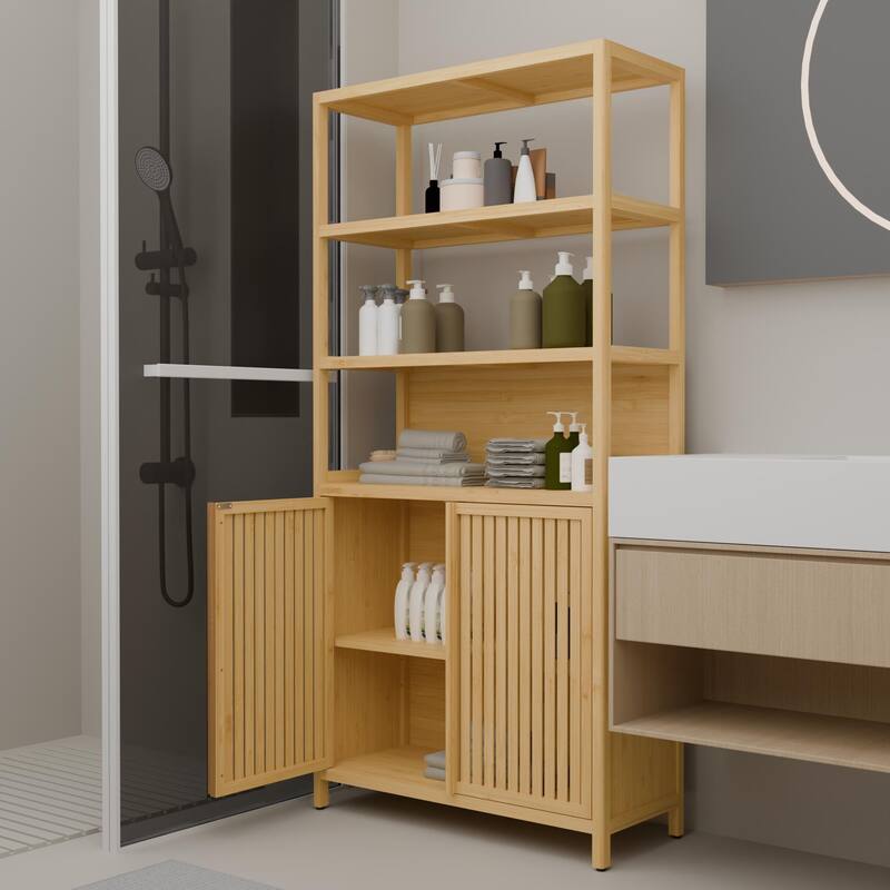 Bamboo Bathroom Cabinet with Drawers, Storage Cabinet with Open Shelves, Accent Cabinet with Magnetic Door