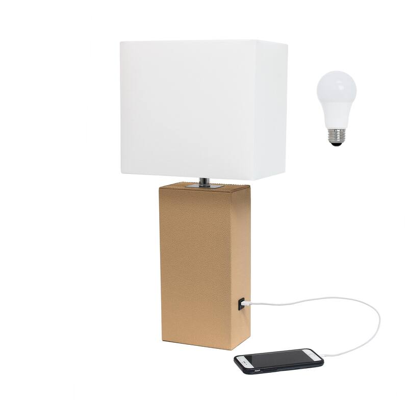 Elegant Designs 21" Modern Leather Wrapped Table Lamp with USB Port, With LED Bulb - White Shade/Beige Base