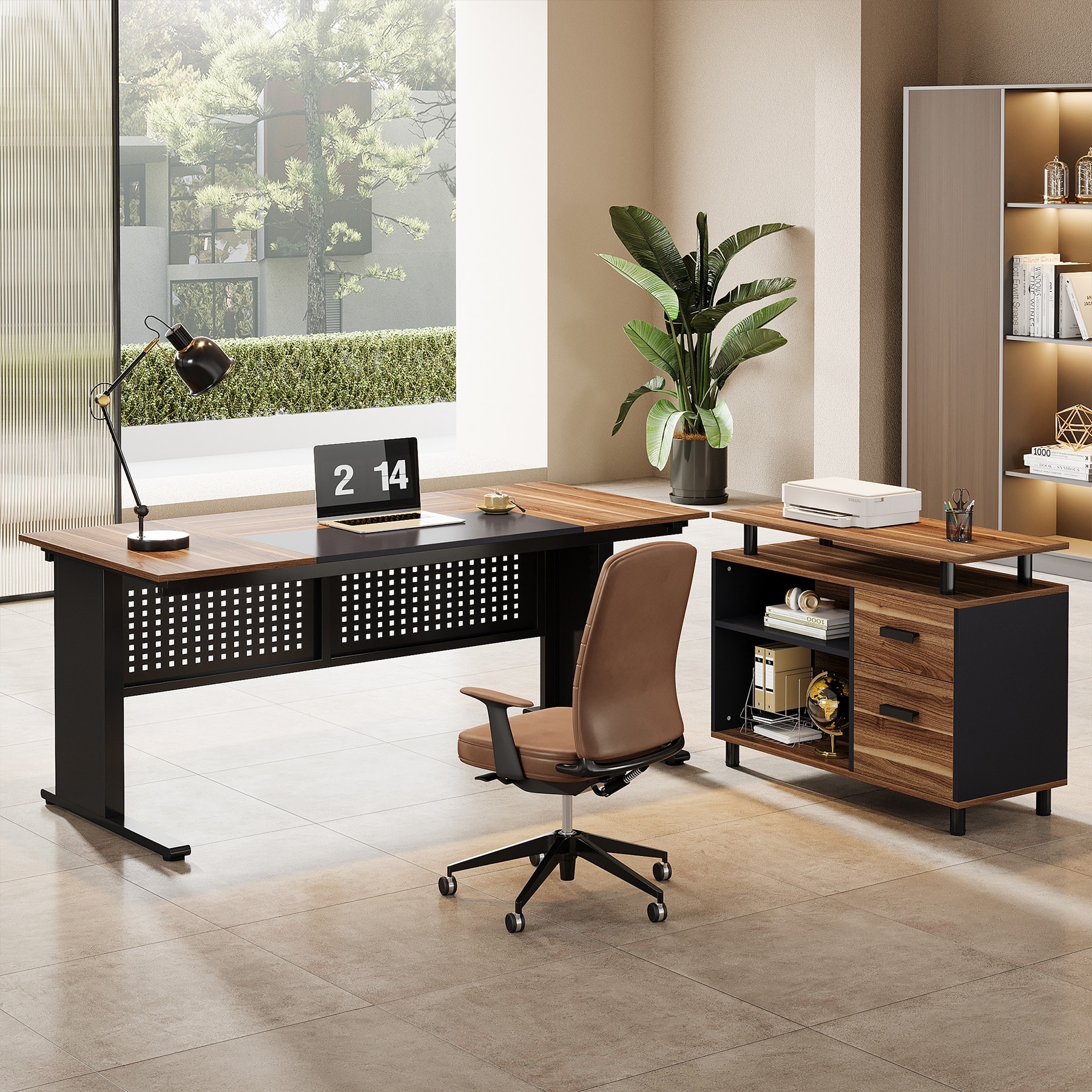 63-Inch L-Shaped Executive Desk with Storage Shelves - On Sale