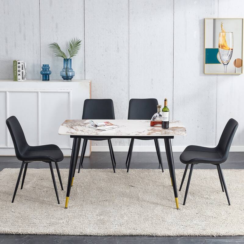 48.4" 5-Piece Sintered Stone Dining Table Set with 4 PU Chairs, Curved Widened Cushions, Pandora Patterned Rock Slab Desktop