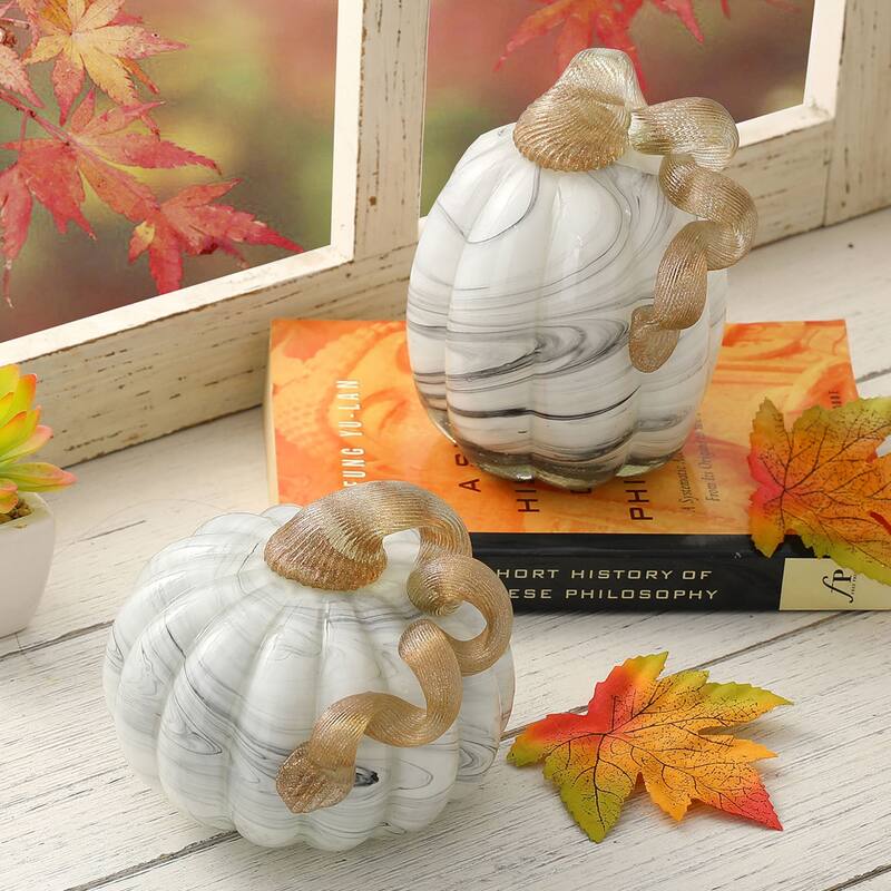 Glitzhome Fall Harvest Handblown Glass Pumpkins Set Thanksgiving Table Centerpieces - Set of 2-Gray Marble
