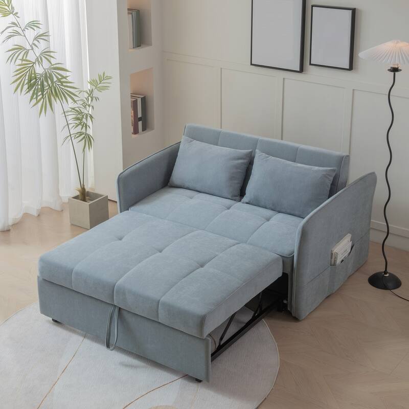 Sofa Bed With Headboard, Pull Out Sofa Bed, Modern Fabric Love Seat Couch With 2 Pillows & 2 Adjustable Armrests