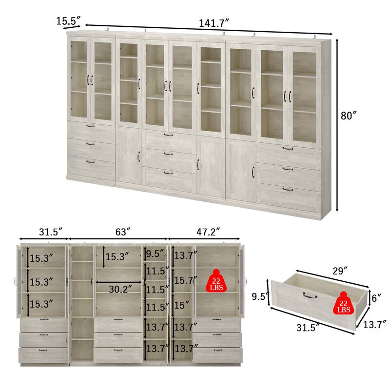 Bookcase Cabinet with Glass Doors and Drawers Multi-Purpose Storage Display Hutch for Living Room or Dining Room