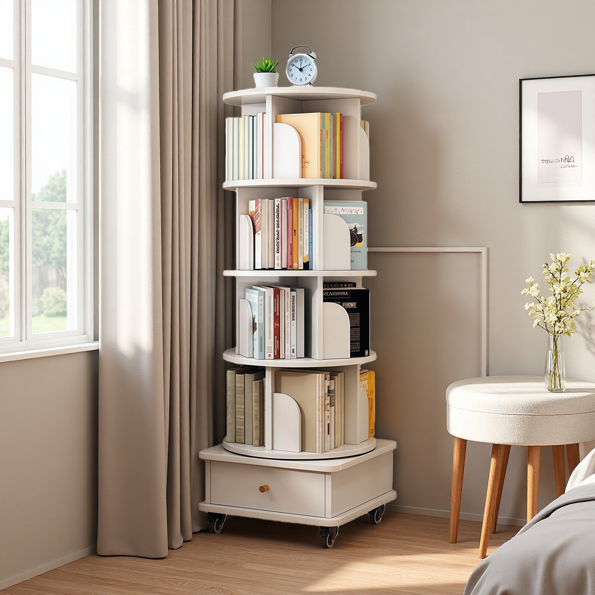 55.9"H 5-Tier Rotating Bookshelf, 360° Display Round Spinning Bookshelf with Wheels, Space-Saving Small Space Storage Tower