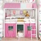 preview thumbnail 2 of 7, Full Size Bunk Bed Wood House Bed Kids Bed with Elegant Windows Sills and Tent, Pink+White