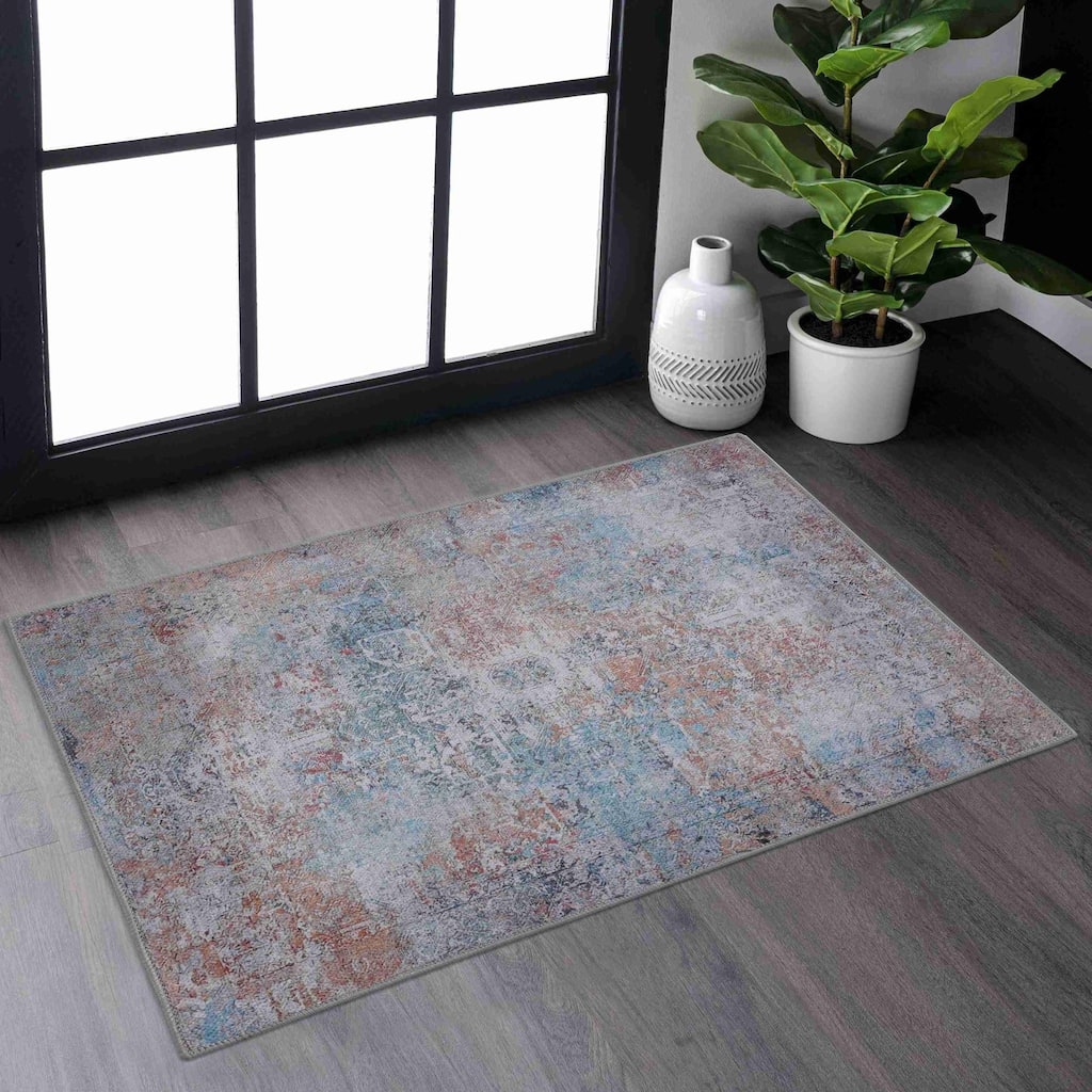 Vintage Textured Multi-Color Washable Rug