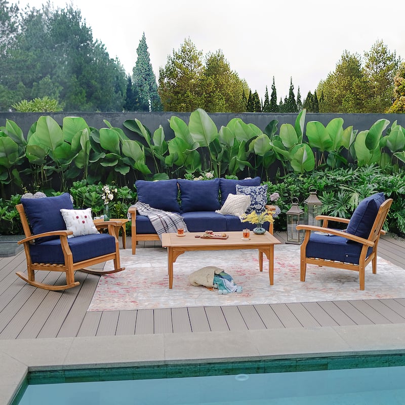 Cambridge Casual Leon 5-piece Teak Wood Patio Conversation Set - Natural Teak/Navy Cushion