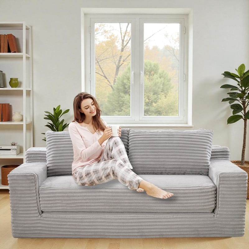 Convertible Memory Foam Loveseat Sofa Bed, No-Assembly Corduroy 2-in-1 Couch with Steel Frame for Small Spaces