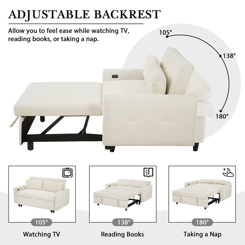 Corduroy Fabric Convertible Sofa Bed, Sleeper Sofa with Throw Pillows and USB Ports, 2 Seat Loveseat with Adjustable Backrest