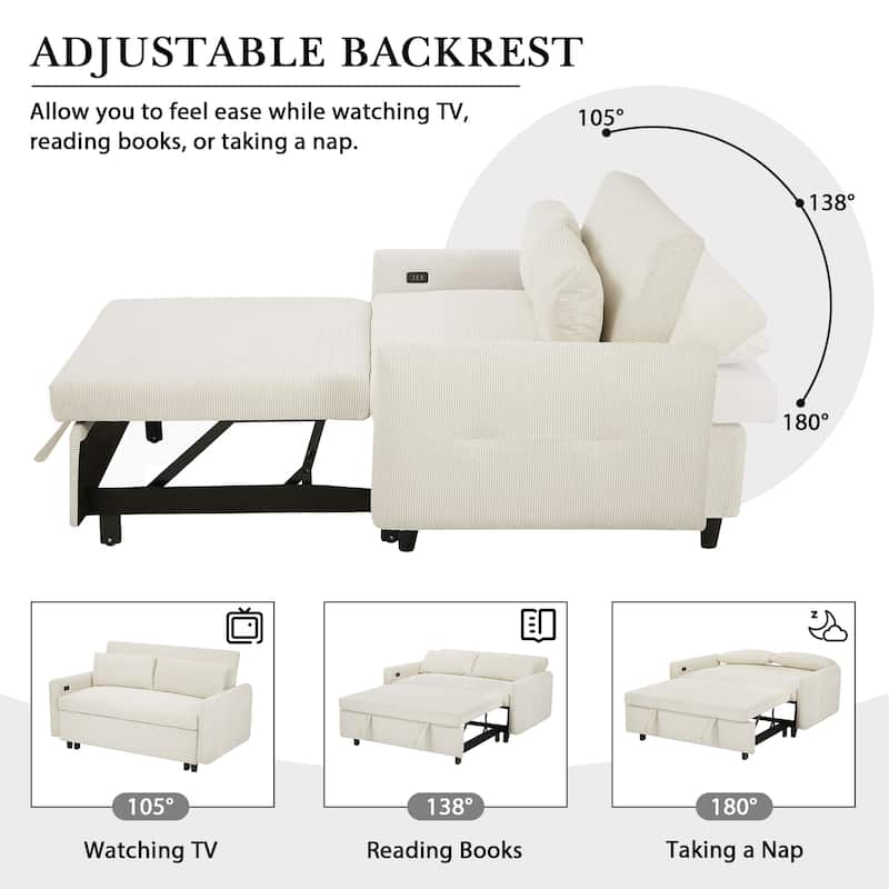 Roomfitters Pull-Out Sofa Bed Convertible 2-Seat Loveseat with Throw Pillows and USB Ports, Modern Sleeper Sofa, Beige