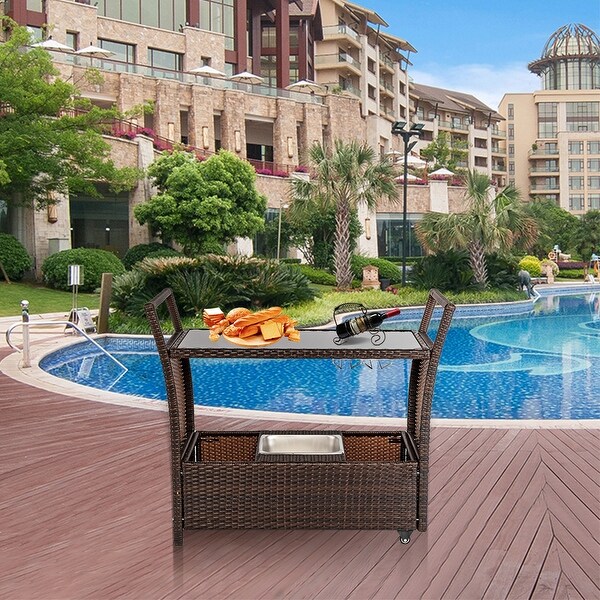 Shop Outdoor Patio Wicker Rattan Serving Bar Cart with Ice ...