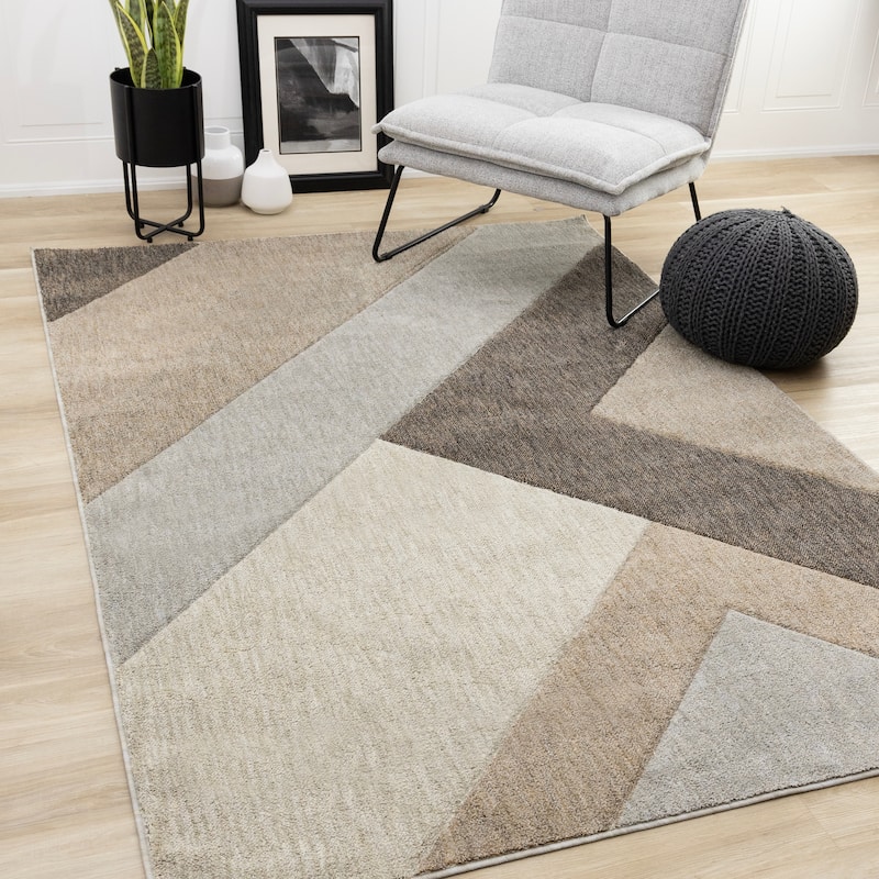 Cream Grey Beige Geometric Area Rug, 5'3" x 7'7"