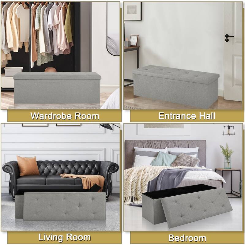 Javlergo 15" Foldable Storage Ottoman, Tufted Linen Foot Rest Stool/Seat Toy Chest
