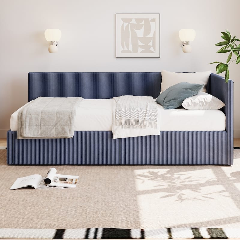 Corduroy Upholstered Daybed Twin Size L Shape Corner Bed