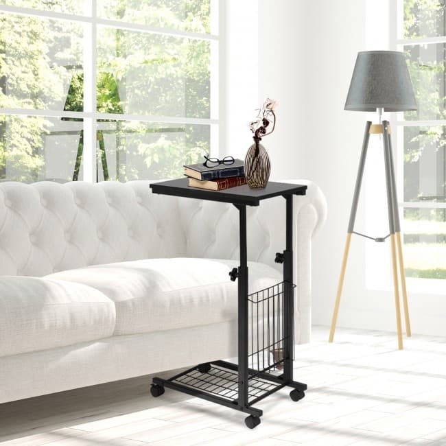 Adjustable C Shaped Snack Table with Wheels for Sofa Bed and Couch Compact Rolling Side Table with Storage Shelf