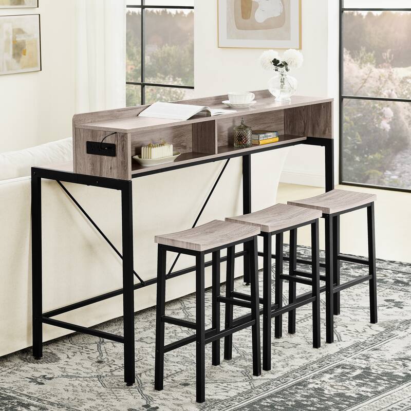 4-piece Bar Table and Chairs with Power Socket and LED Light - Grey