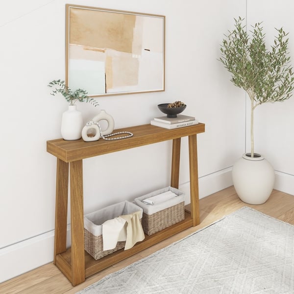 slide 2 of 8, Plank and Beam Classic Console Table with Shelf - 46" Pecan
