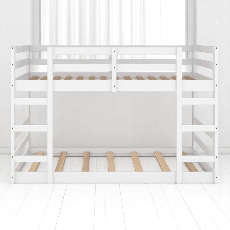 Full Over Full Bunk Bed with Ladder and Guardrails, Solid Wood Frame, No Box Spring Required