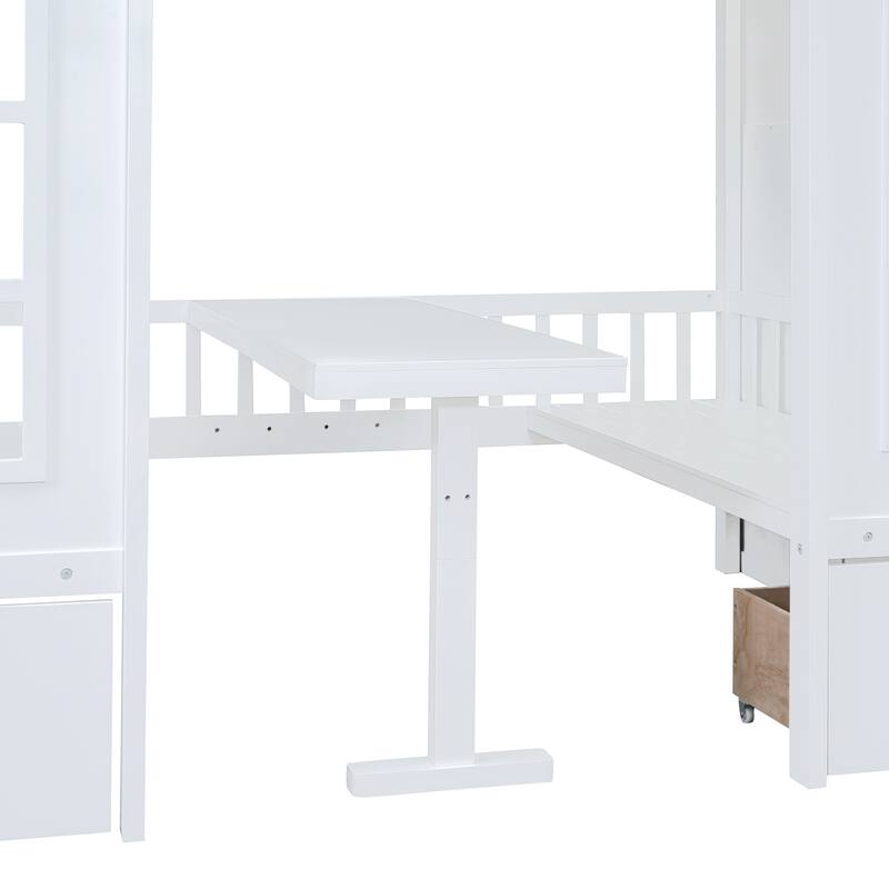 Stairway Bunk Bed with Changeable Table, Wood House Bedframe with Window & 2 Drawers, Bunk Bed Turn into Upper Bed and Down Desk