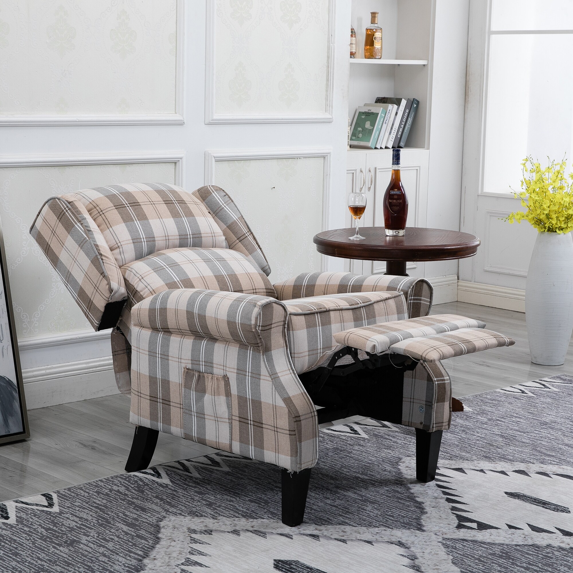 Grey check shop recliner chair