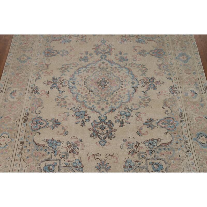 Tabriz Persian Area Rug Beige Oriental Hand-Knotted Wool Carpet - 7'11"x 11'0"