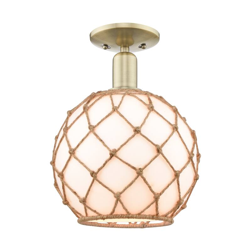 Innovations Lighting Endless Possibilities Arcadia - Farmhouse Rope - 1 Light 10" Semi-Flush Mount - Antique Brass/White Glass with Brown Rope