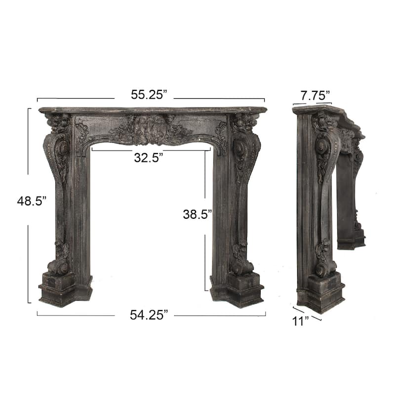 Ornate Decorative Fireplace Mantel, Distressed Black