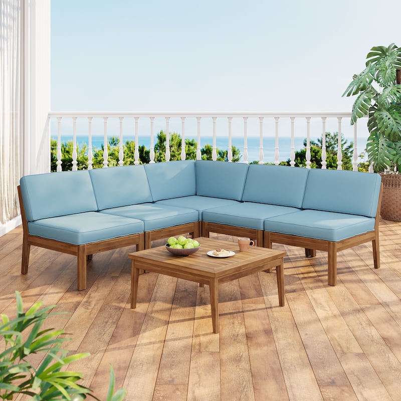 Christopher Knight Home - Xanthe Acacia Wood Patio 6 Piece Sectional Sofa Set with Water Resistant Cushion - Teak Finish+ Blue Cushion