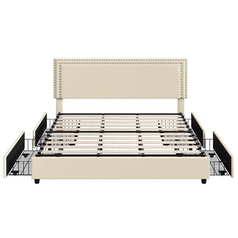 Modern Upholstered Bed Frame with 4 Storage Drawers, Platform Fabric Bed with Button Tufted Headboard