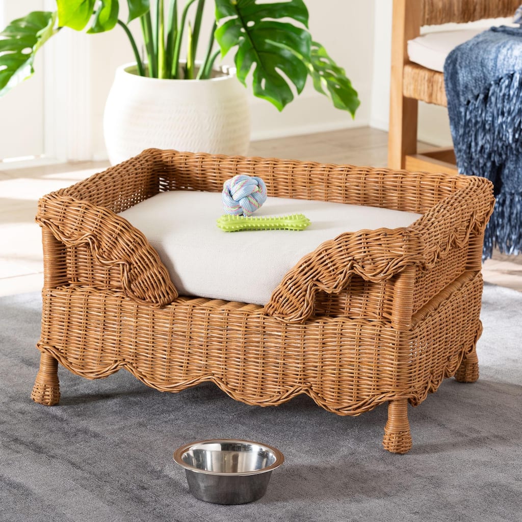 Papina Natural Rattan Pet Bed with Scalloped Sides - Handwoven Wicker Enclosed Lounge Bed for Dogs and Cats with Cushion