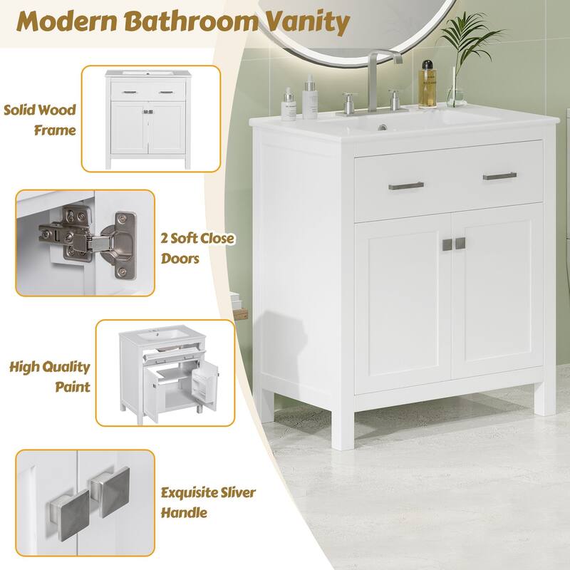 Modern 30-Inch Bathroom Cabinet with Undermount Sink, Solid Wood Frame & Flip-Out Drawer
