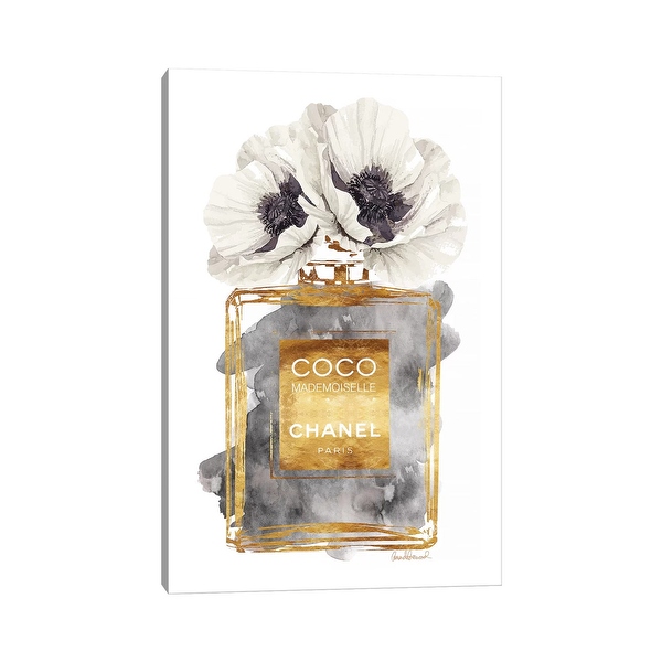 iCanvas Perfume Bottle Dark Gold with Dark Grey White Poppy