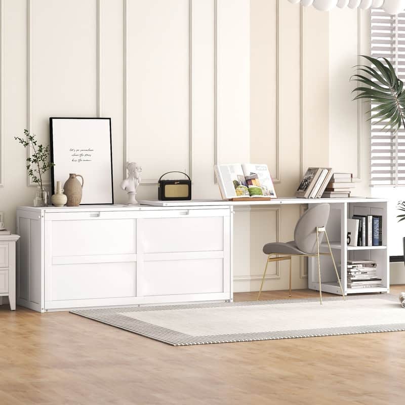 Queen Size Mobile Murphy Cube Cabinet Bed with Rotable Desk, Solid Wood Murphy Bed Chest Platform Murphy Bed for Guest Room