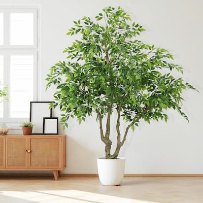 7ft Tall Artificial Banyan Tree With Natural Trunk And Realistic Silk Leaves, Large Imitation Potted Green Plant, 1pc/Set