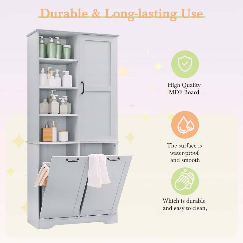 Bathroom Storage Cabinet with Doors, Drawers, Tilt-Out Laundry Hamper, and Adjustable Shelves, Oak Finish